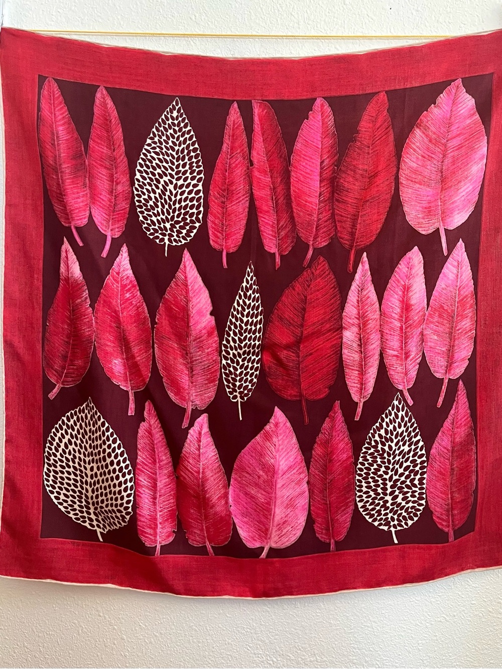 Women’s Leaf Print Vintage 1950's Silk Scarf in Rose Red and Pink, 30"
